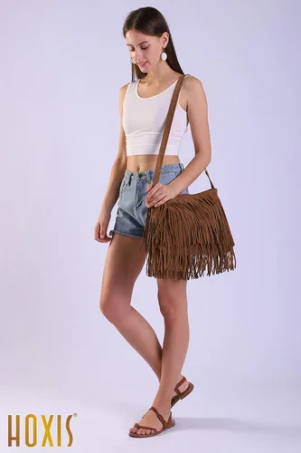 Miniatura 3 de HOXIS Bolso bandolera de cuero sintético con borla para mujer, Gris