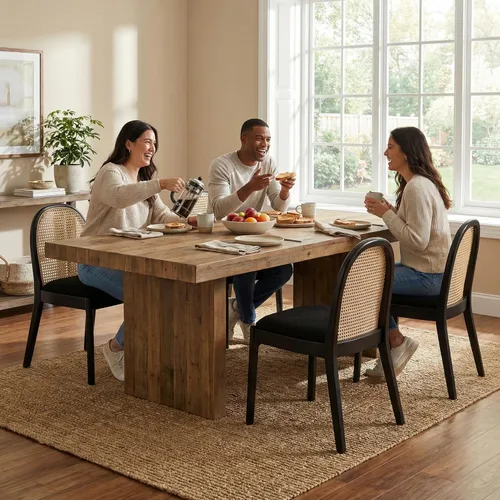 Miniatura 12 de LukeAlon Juego de 2 sillas de comedor de lino, sillas laterales de caña tejida natural con patas de madera maciza, sillas de comedor de mediados