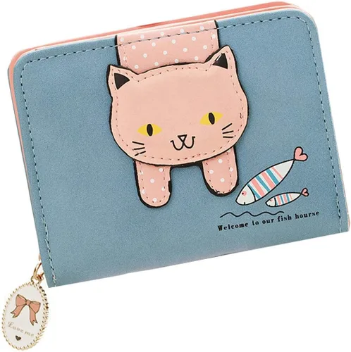 Hjkiopc Cartera pequeña para niñas y mujeres diseño de gato monedero organizador de tarjetas Azul Cartera plegable