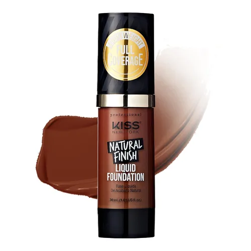 Kiss Base líquida profesional New York, fórmula ligera e hidratante, acabado natural, controla el brillo, cubre los poros, cobertura media a Castaño