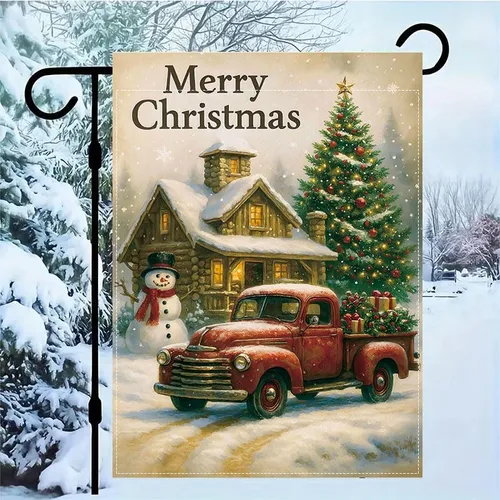 Miniatura 10 de Bandera de jardín de Navidad ActFirst de 12 x 18 pulgadas, bandera de muñeco de nieve de familia de Navidad Feliz con árbol, pequeña decoración