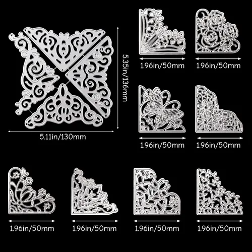 Miniatura 2 de 12 troqueles de corte de metal de esquina de encaje, plantillas huecas en relieve de metal, troqueles de corte de flores de rosa y mariposa