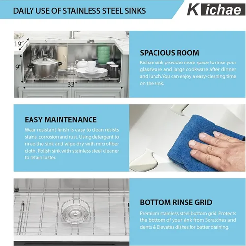 Miniatura 4 de Kichae 33 Fregadero de cocina empotrado - 33 x 19 Fregadero de cocina empotrado con estante para estación de trabajo de acero inoxidable de calibre