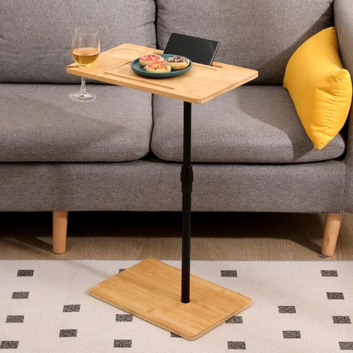 Miniatura 8 de Mesa auxiliar moderna de 2 niveles con estante tejido, mesa auxiliar pequeña bohemia para sala de estar, sofá, patio, oficina en casa, mesa Nogal_2