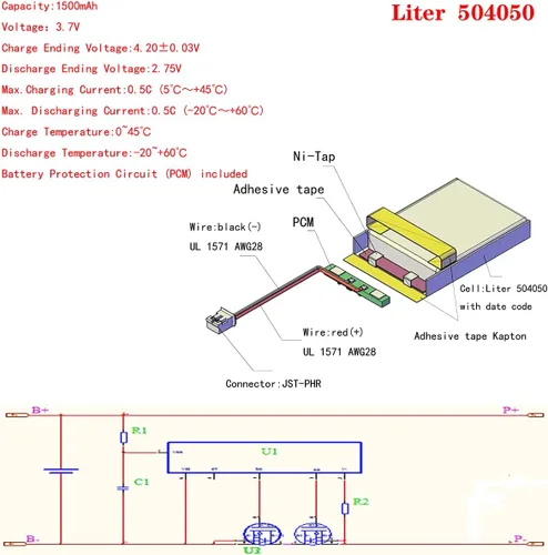 Miniatura 3 de Liter 3.7V 1500mAh 504050 Lipo Batería recargable de iones de polímero de litio con conector JST 0.079 in
