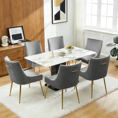 Miniatura 9 de adochr Juego de 2 sillas de comedor de terciopelo, modernas sillas de cocina tapizadas con asa y respaldo plisado, silla decorativa de mediados