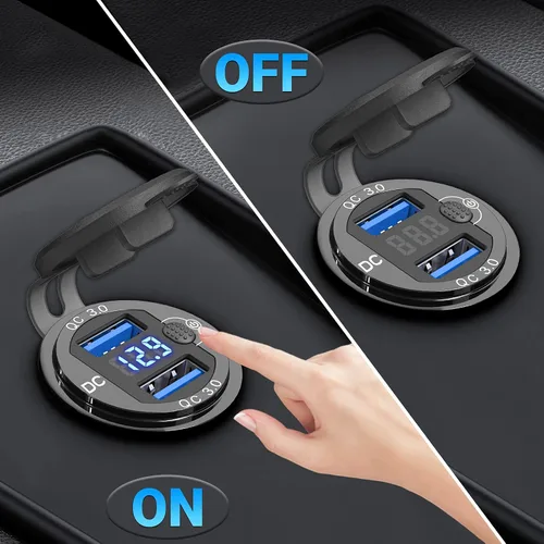 Miniatura 3 de Paquete de 2 salidas USB de 12 V, carga rápida dual 3.0, cargador de aluminio impermeable con voltímetro LED e interruptor de alimentación