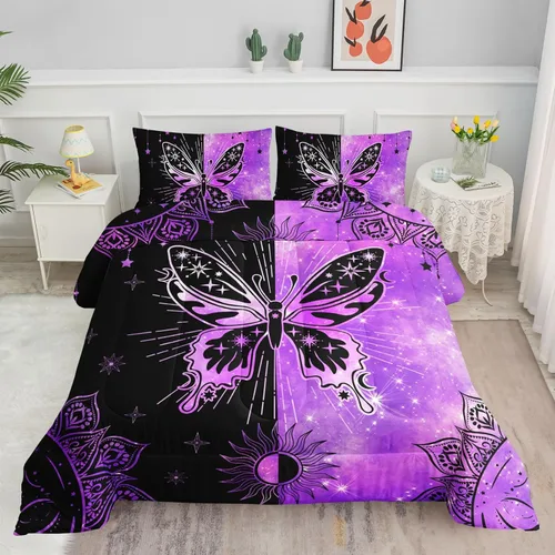 Miniatura 28 de Datura home - Juego de edredón de mariposa azul y negro para niñas y mujeres, juego de ropa de cama bohemio con estampado de mandala de mariposa