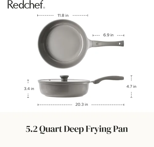 Miniatura 9 de Sartén antiadherente con revestimiento cerámico de Redchef con tapa, sartén grande y profunda para saltear, apta para inducción, apta para Gris
