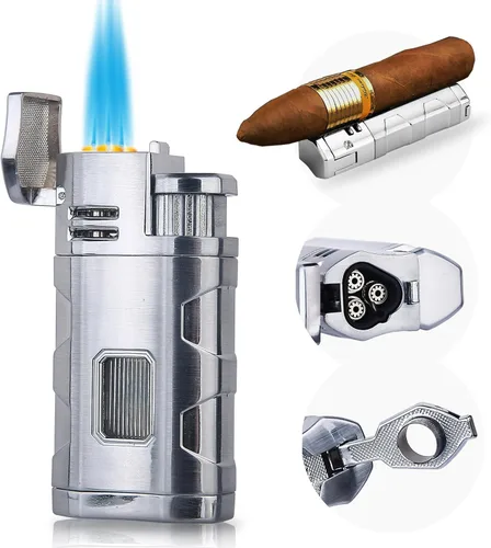 PROMISE Encendedor de metal con llama de chorro triple recargable, encendedor de butano resistente al viento, butano no incluido (cromado)