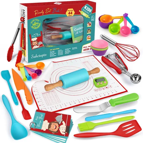 Juego de 44 piezas de cocina y hornear para niños para cocina real, cuchillo seguro para niños y herramientas de cocina con libros de cocina,