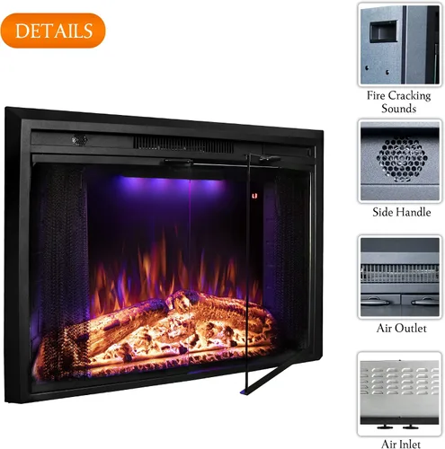 Miniatura 4 de Chimenea eléctrica de 36 pulgadas con puerta de vidrio, calentador de chimenea eléctrico empotrado con sonido de crepitación de fuego, luz superior