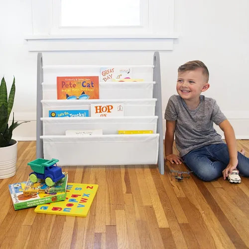 Miniatura 7 de Wildkin Estantería para niños, almacenamiento moderno de madera con 4 estantes y asas de tela, organizador para el hogar o el aula, gris y blanco