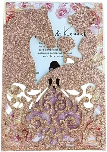 Miniatura 6 de MillaSaw Bolsillo de invitación para caballo con purpurina, soporte para invitación de quinceañera, tarjeta cortada con láser de oro rosa