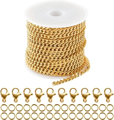Miniatura 15 de Cadenas chapadas en oro a granel, cadena de trigo de acero inoxidable 304 con anillos de salto y cierres de langosta, collar para hombres y mujeres