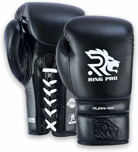 Aura 100 Guantes de Boxeo de Cuero de Grano Completo con Cordones para Hombres y Mujeres, para Entrenamiento, Sparring, Muay Thai, Kickboxing, Saco