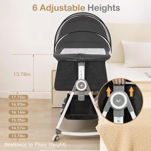 Miniatura 4 de Cuna para bebé, moisés junto a la cama, cuna de 4 en 1 con ruedas con cerradura, mosquitera, cuna portátil plegable ajustable para recién nacido