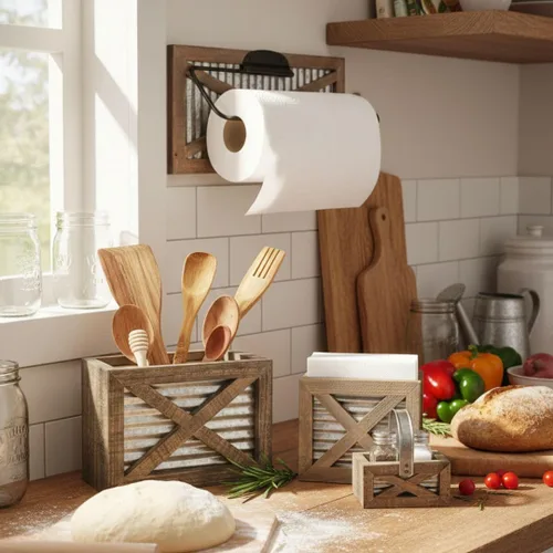 Miniatura 6 de Autumn Alley Soporte para utensilios de cocina de madera rústica para puerta de granero, detalles galvanizados, detalles de granja que añaden