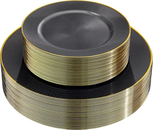 Miniatura 20 de Hioasis 60 platos de plástico verde y dorado, juego de vajilla desechable verde, 30 piezas de cena de 10.25 pulgadas y 30 platos de postre de 7.5