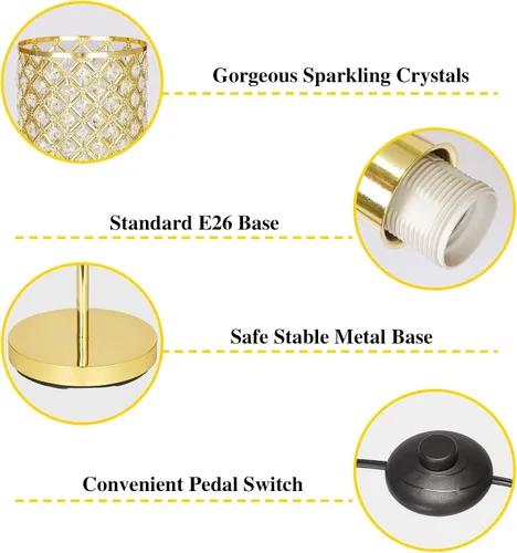 Miniatura 4 de Lámpara de pie dorada, lámpara de pie de cristal con pantalla decorativa, lámpara de pie con interruptor de pie de encendido/apagado y base E26