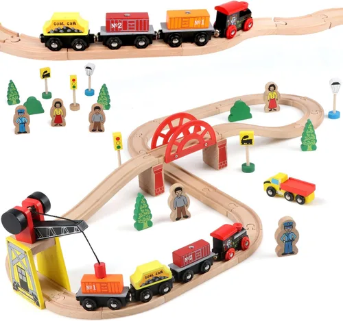 Juego de trenes de madera Qilay para niños pequeños - 39 piezas de vías de tren de madera con grúa, puente y 5 trenes de madera - Juguetes de trenes
