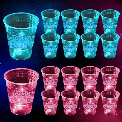 mishunyus Paquete de 40 vasos que brillan en la oscuridad para revelación de género, suministros de fiesta de baby shower de equipo para niños y
