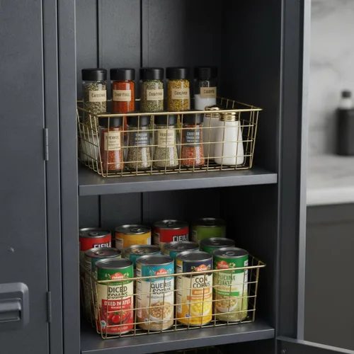 Miniatura 6 de 4 cestas de almacenamiento de alambre para cocina, contenedor de metal para el hogar, organizador de almacenamiento con asa para despensa, estante