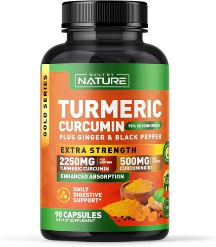 Built by Nature Curcumina de cúrcuma de 2250 mg – 95% curcuminoides con jengibre y pimienta negra para alta absorción – Soporte articular extra