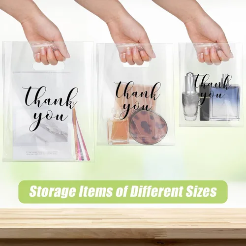 Miniatura 4 de Yeaqee 200 Piezas Bolsas Transparentes de Mercancía de Agradecimiento con Asas Troqueladas Bolsas de Compras de Plástico Reutilizables para Venta al