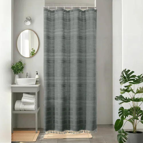Miniatura 16 de OVZME Cortina de ducha bohemia negra, cortina de ducha estrecha de tela suave a rayas de lino texturizado con borla, moderna decoración de baño