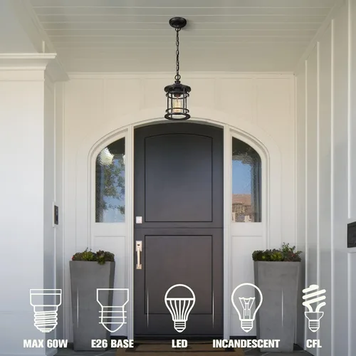 Miniatura 5 de Emliviar Lámpara colgante moderna para exteriores - Luz colgante para porche con pantalla de vidrio semillado en acabado negro, XE229H-S BK