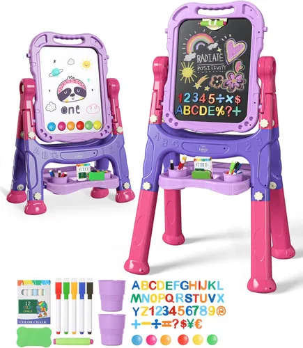 Miniatura 10 de Lehoo Castle Caballete para niños, caballete de arte para niños 4 en 1 de doble cara con pizarra blanca magnética y pizarra de tiza, caballete