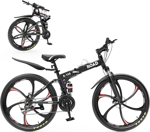 Miniatura 17 de Outroad - Bicicleta de montaña plegable de 26 pulgadas, 21 velocidades, suspensión completa, bicicleta MTB de acero de alto carbono plegable, freno