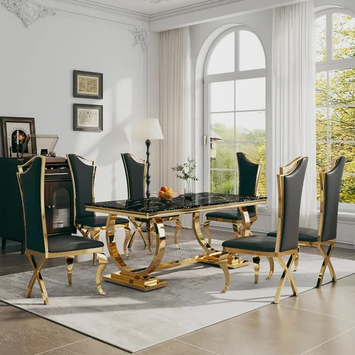 Miniatura 11 de Juego de mesa de comedor de 7 piezas, mesa de cocina de lujo de mármol sintético blanco de 70 pulgadas y 6 sillas copetudas de terciopelo beige