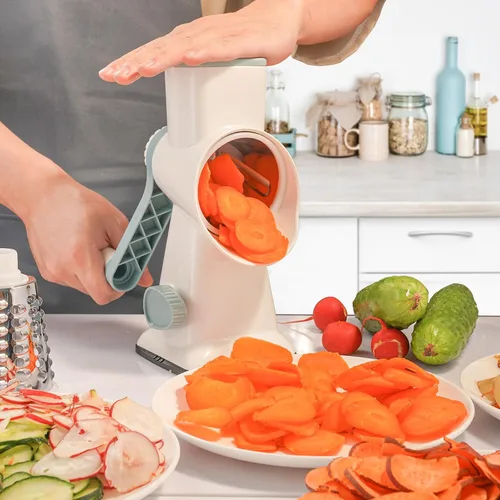 Miniatura 7 de Rallador de queso con manivela de mano, trituradora giratoria de verduras con asa, ralladores 3 en 1 con cuchillas intercambiables y base de succión