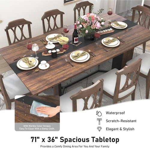 Miniatura 3 de Hlivelood - Mesa de comedor de 71 pulgadas para 6 personas, mesa de cocina rectangular moderna color marrón con superficie de madera impermeable