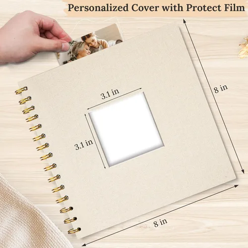 Miniatura 2 de Álbum de fotos de 20 x 20 cm con cubierta de lino, libro de recuerdos de papel kraft blanco de tapa dura, para viaje, libro de invitados de boda