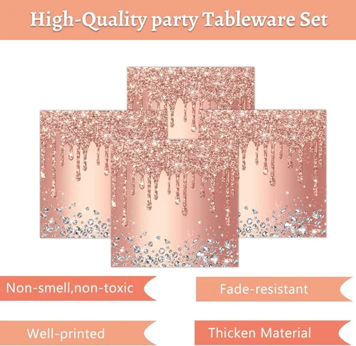 Miniatura 3 de Juego de platos y servilletas de fiesta de oro rosa, decoraciones de cumpleaños rosas, suministros temáticos de diamantes, sirve para 24 invitados