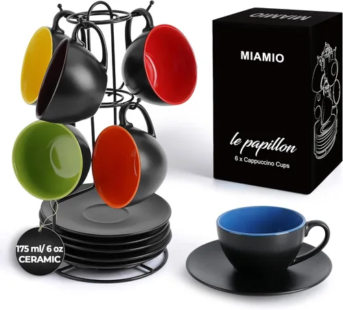 Miniatura 8 de MIAMIO - Juego de 6 tazas de capuchino apilables de cerámica / tazas de capuchino de 6 onzas y platillo con soporte de metal para bebidas de café