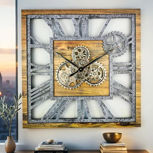 ImprovingLife The Gears Clock Reloj de pared cuadrado con engranaje móvil real de 24 pulgadas, estilo vintage, industrial, de gran tamaño, casa de