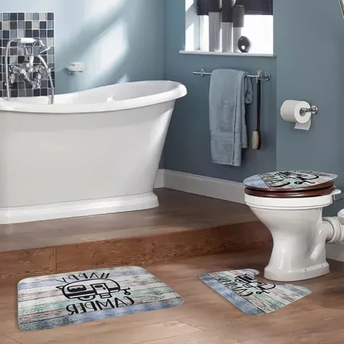 Miniatura 2 de Syhonic Juego de alfombras de baño de 3 piezas, alfombra de baño Happy Camping, tapete de contorno y funda para asiento de inodoro, tapetes de baño