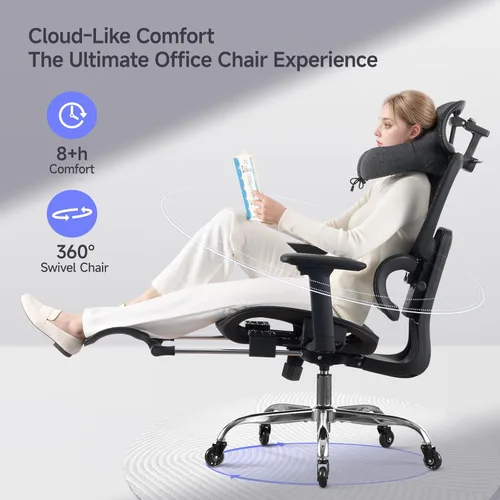 Miniatura 7 de Silla de oficina con reposapiés, silla ergonómica con almohada para el cuello y ruedas de goma, silla de computadora con respaldo ajustable y Negro