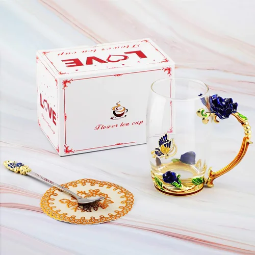 Miniatura 6 de WD&CD Tazas de café y té de vidrio con mariposas y rosas, con cuchara y posavasos, regalos para su novia, esposa, madre, mujeres en el día de San