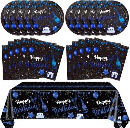 Juego de 41 piezas de vajilla de decoración de fiesta de cumpleaños azul marino y negro, incluye platos, servilletas, mantel para hombres y mujeres