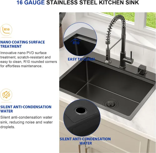 Miniatura 5 de Dcolora Fregadero de Cocina Negro de 25 Pulgadas Drop In, Fregadero de Estación de Trabajo de Acero Inoxidable Negro Nano-PVD de Un Solo Tazón