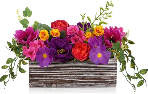 Miniatura 7 de DILATATA Arreglo floral con jarrón de madera, flores artificiales de 10 pulgadas en maceta, flores falsas en jarrón rectangular de madera blanco