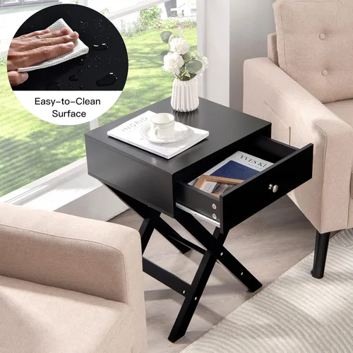Miniatura 4 de Giantex Mesita de noche con cajón, mesa auxiliar en forma de X, mesa auxiliar moderna para sofá, mesa de noche multifuncional para el hogar, sala