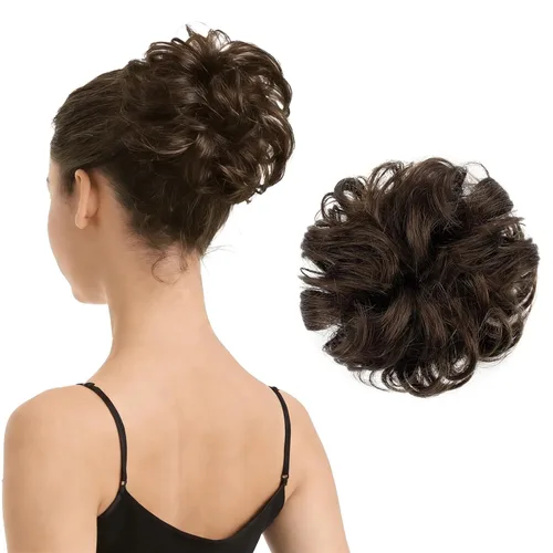 Miniatura 27 de BARSDAR Extensión de moño 100% humano – Cabello humano real rojo desordenado moño coletero para mujer – Extensiones elásticas onduladas
