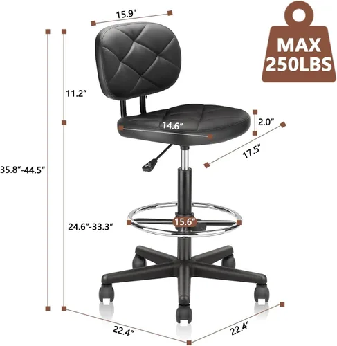 Miniatura 3 de KLASIKA Taburetes rodantes de piel sintética con reposapiés y soporte para la espalda, silla de dibujo tapizada con diamante ajustable con ruedas