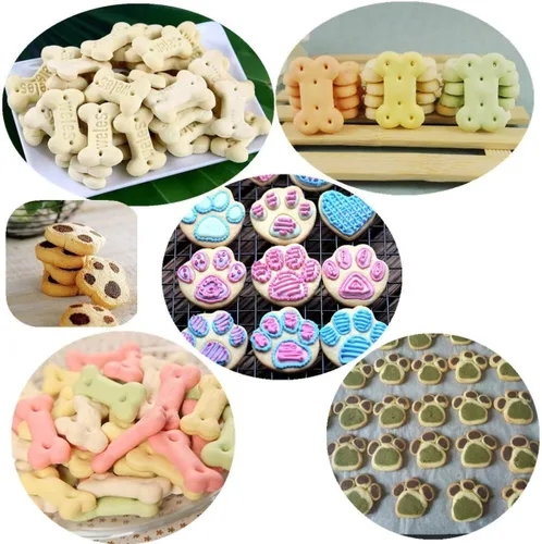 Miniatura 5 de Juego de 5, moldes de silicona en forma de pata y hueso de cachorro y perro 2 en 1 y cortador de galletas de hueso de acero inoxidable, para Azul
